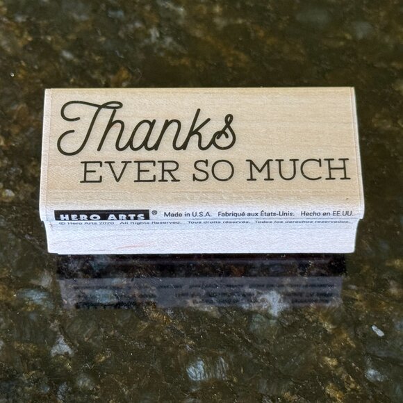 Hero Arts Maple Woodblock Mounted Red Rubber Stamp Thanks Ever So Much, USA, NWT - Picture 2 of 9